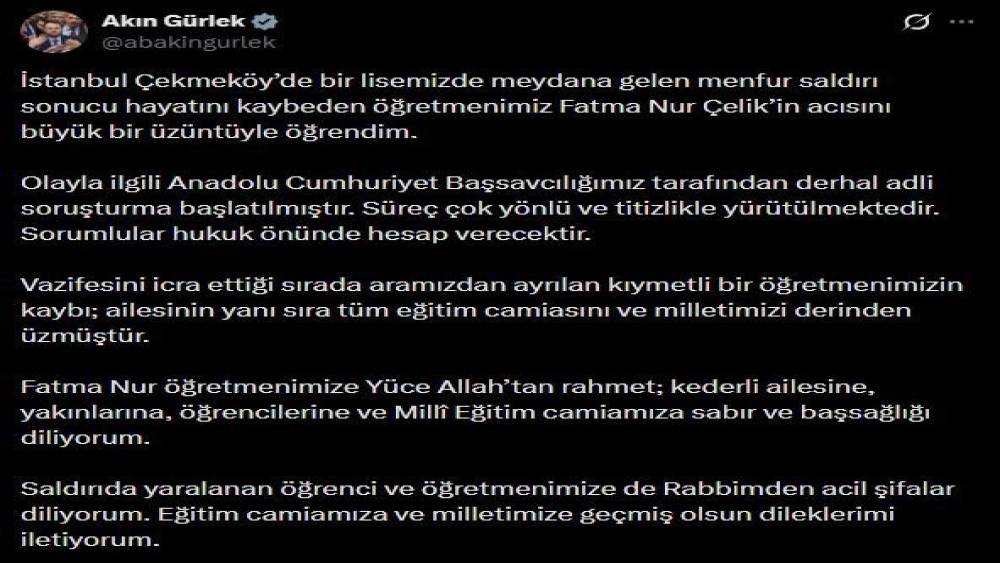 Bakan G&uuml;rlek: "(&Ouml;ğretmen Fatma Nur &Ccedil;elik) Olayla ilgili derhal adli soruşturma başlatılmıştır"
