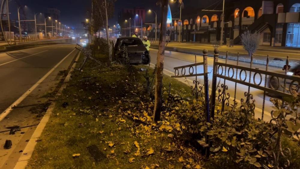 Köpeğe çarpmamak için manevra yapan sürücü refüje çıktı
