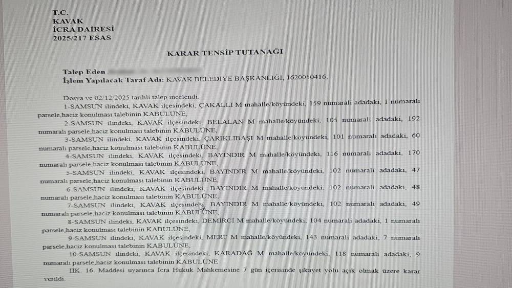 Kavak Belediyesi’ne ait 10 taşınmaza haciz
