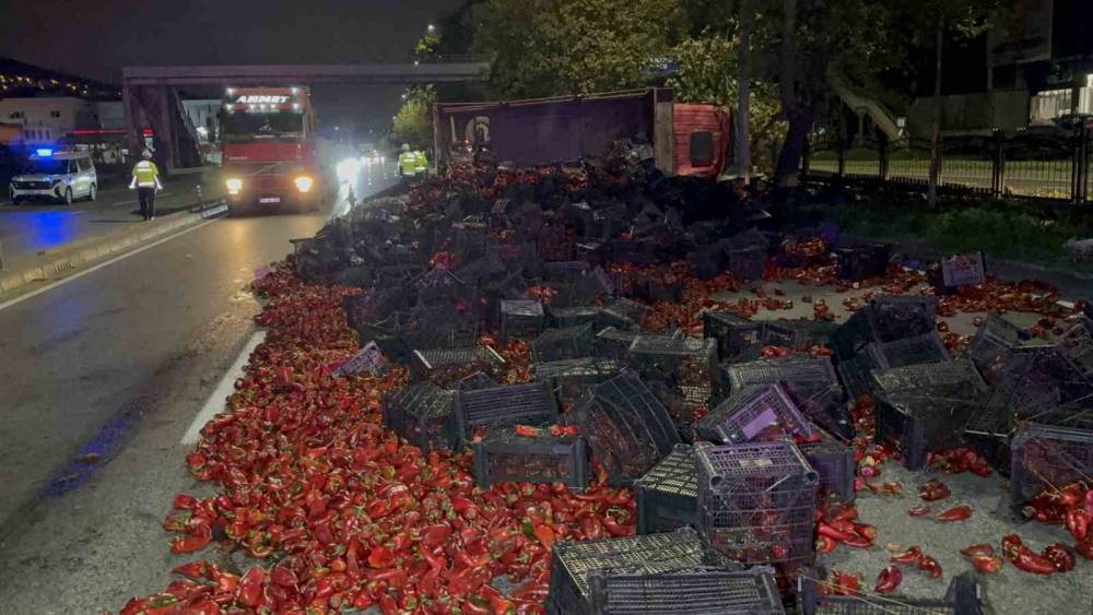 Devrilen kamyondaki 10 ton kapya biber yola sa&ccedil;ıldı: 2 yaralı
