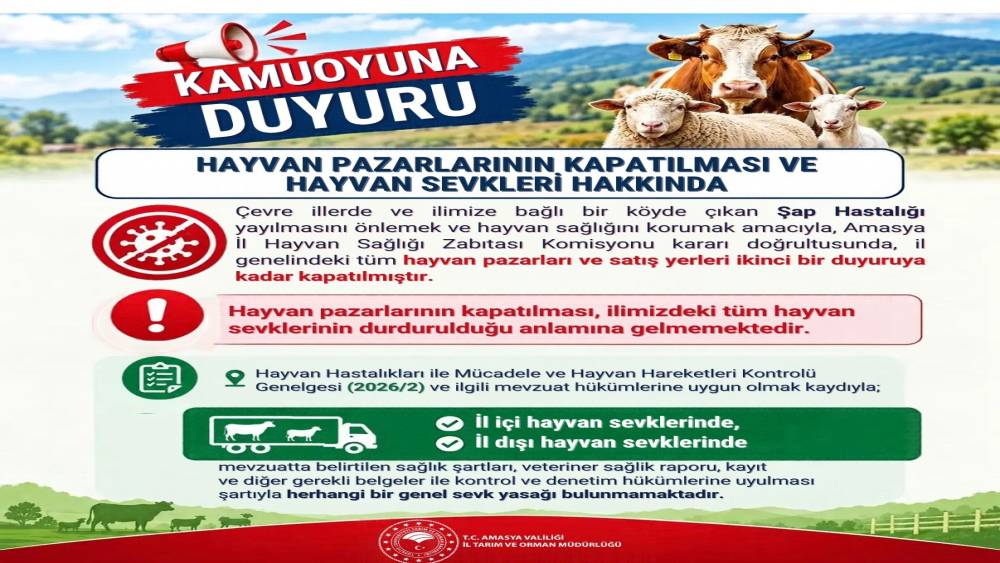 Amasya&rsquo;da şap hastalığı tedbiri: Hayvan pazarları kapatıldı
