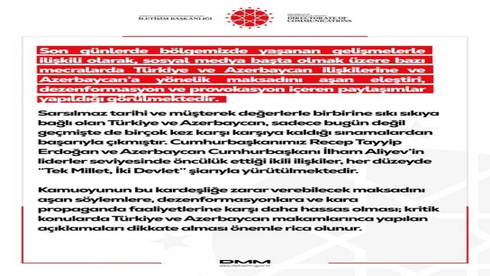 DMM&rsquo;den T&uuml;rkiye ve Azerbaycan ilişkilerine y&ouml;nelik dezenformasyon i&ccedil;eren paylaşımlar hakkında a&ccedil;ıklama
