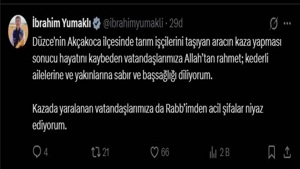 Bakan Yumaklı D&uuml;zce&rsquo;deki kaza sonrası başsağlığı mesajı yayınladı
