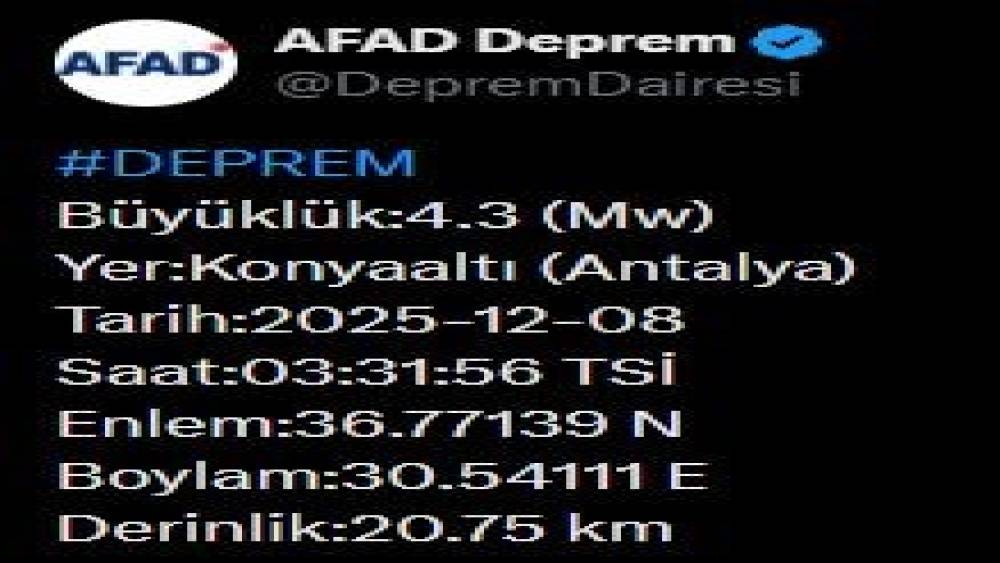 Antalya’da 4.3 büyüklüğünde deprem
