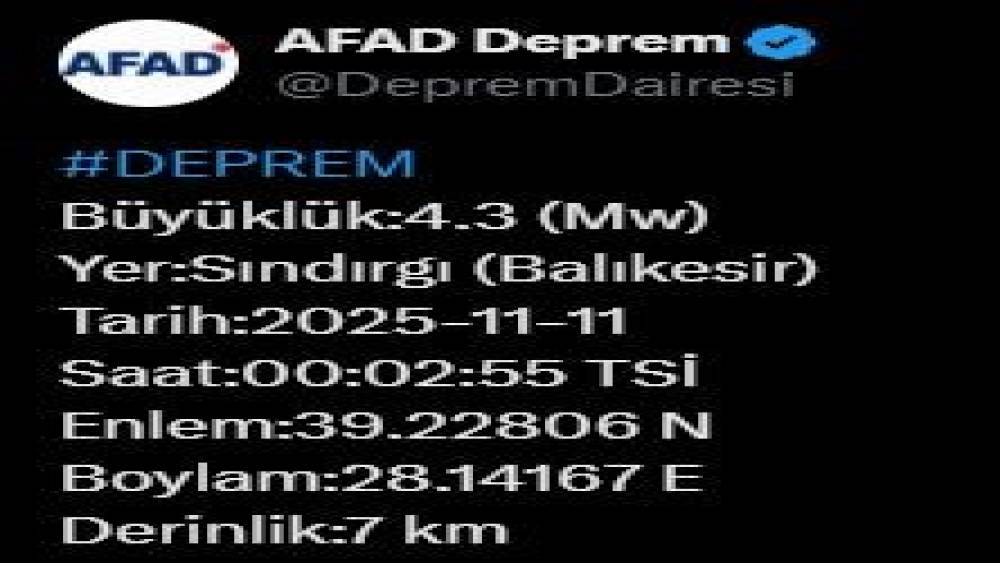 Balıkesir’de 4.3 büyüklüğünde deprem
