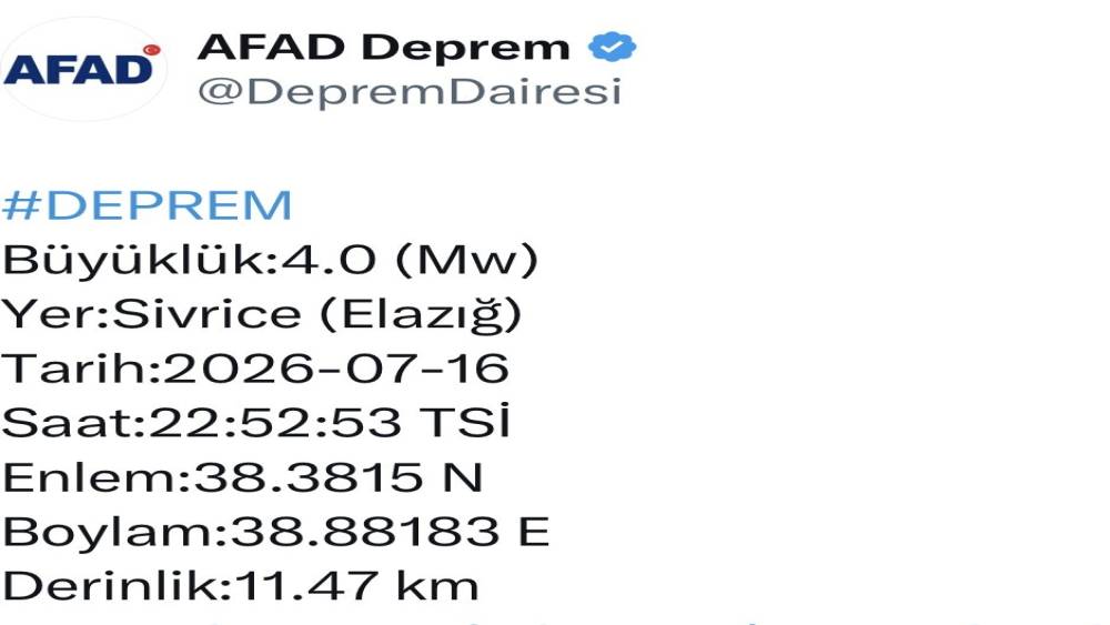 Elazığ&rsquo;da 4.0 b&uuml;y&uuml;kl&uuml;ğ&uuml;nde deprem
