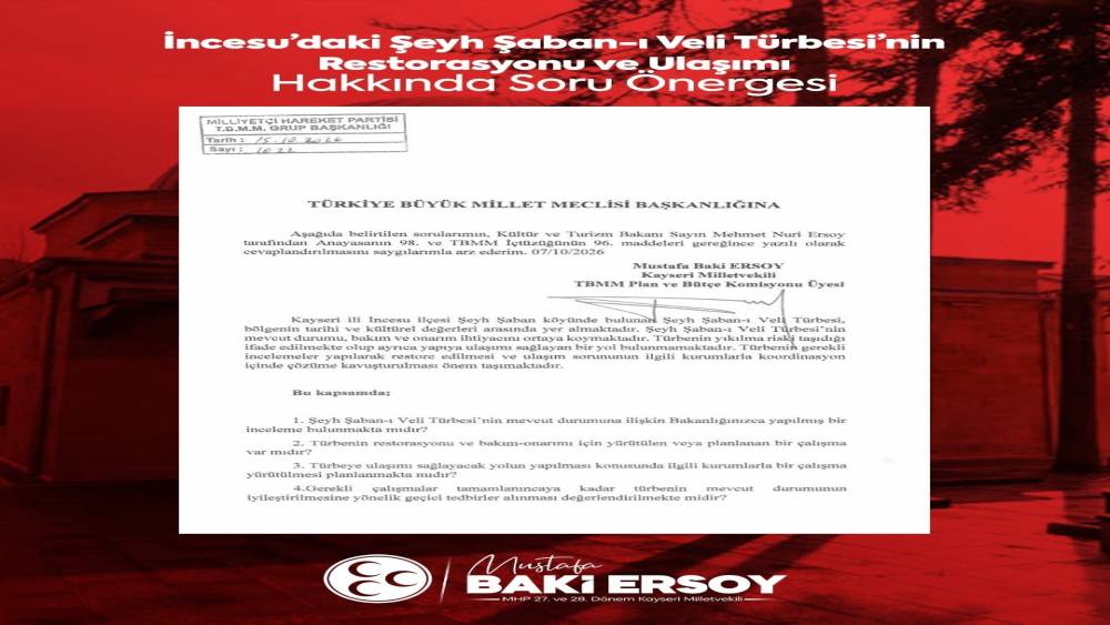 Baki Ersoy&rsquo;dan İncesu Şeyh Şaban-ı Veli T&uuml;rbesi i&ccedil;in soru &ouml;nergesi
