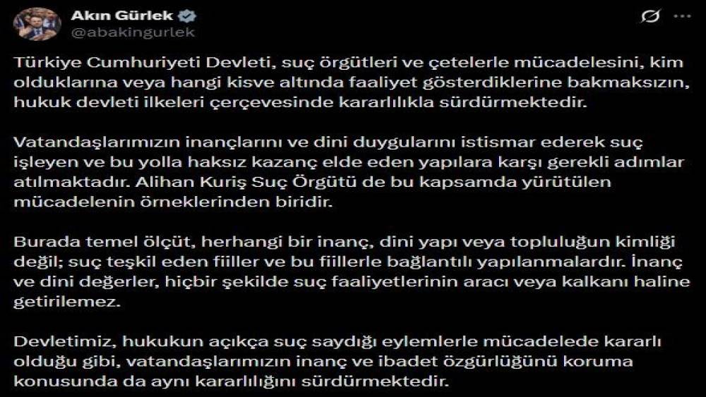 Bakan G&uuml;rlek: "İnan&ccedil; ve dini değerler, hi&ccedil;bir şekilde su&ccedil; faaliyetlerinin aracı veya kalkanı haline getirilemez"
