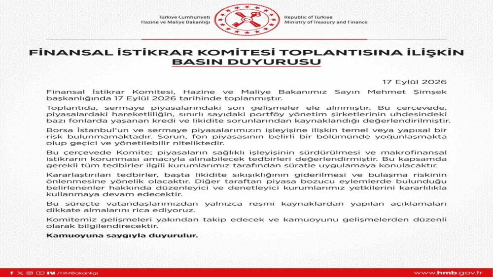 Finansal İstikrar Komitesi: "Borsa İstanbul&rsquo;un ve sermaye piyasalarımızın işleyişine ilişkin yapısal bir risk bulunmamaktadır"
