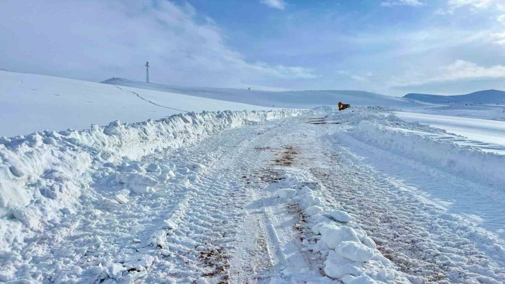 Kar kalınlığının yer yer 2 metreyi bulduğu b&ouml;lgede yol a&ccedil;ma &ccedil;alışması
