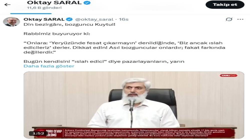 Cumhurbaşkanı Başdanışmanı Saral&rsquo;dan Kuytul&rsquo;a tepki: "Senin de suyun yeterince ısındı Kuytul"
