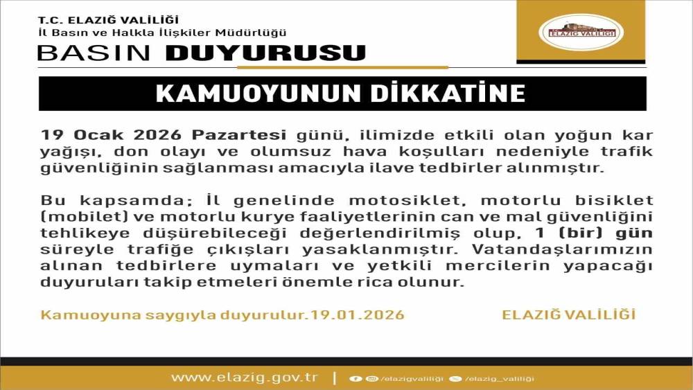 Elazığ&rsquo;da  motosiklet, mobilet ve motorlu kuryelerin trafiğe &ccedil;ıkışları yasaklandı

