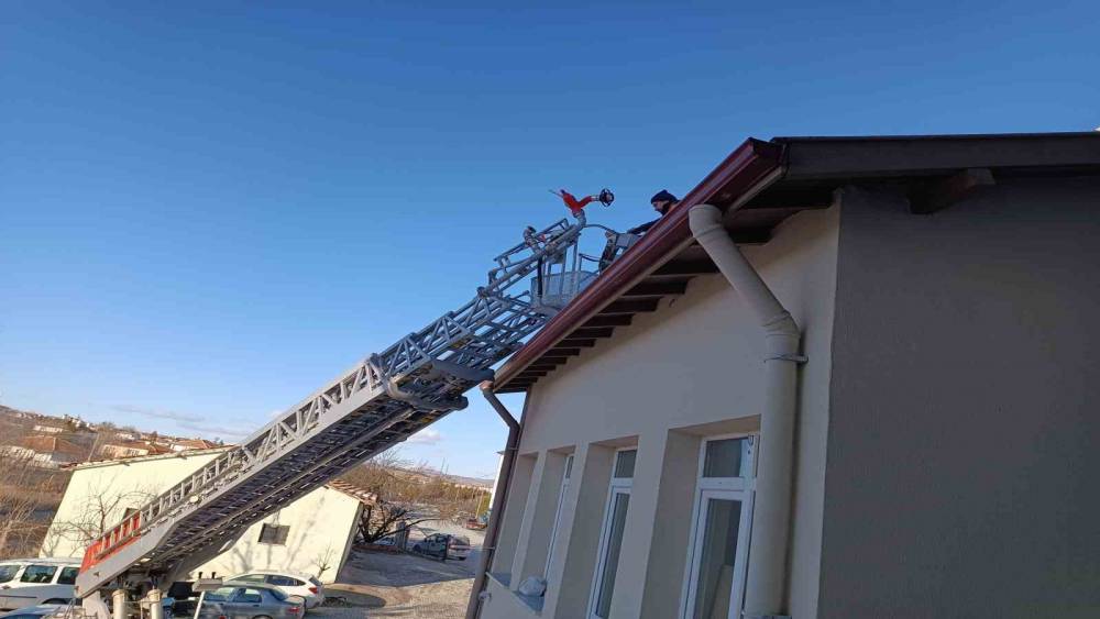 &Ccedil;orum&rsquo;da binanın &ccedil;atısında mahsur kalan kediyi itfaiye ekibi kurtardı
