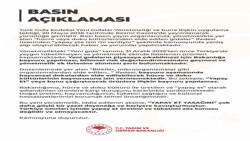 Tarım ve Orman Bakanlığı: "T&uuml;rkiye sınırları i&ccedil;inde yapay et &uuml;retimi ve t&uuml;ketimi s&ouml;z konusu değildir"
