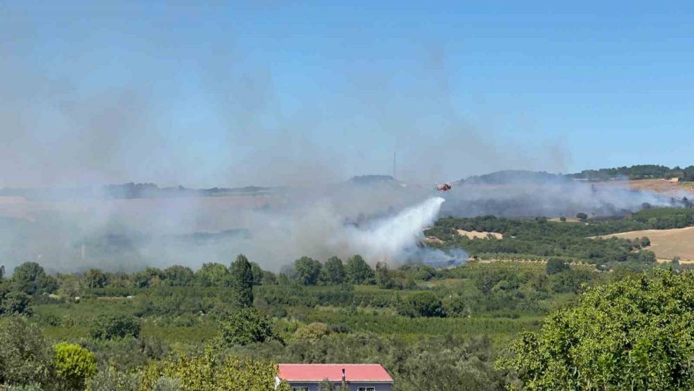 Lapseki&rsquo;de tarım arazisindeki yangına m&uuml;dahale devam ediyor
