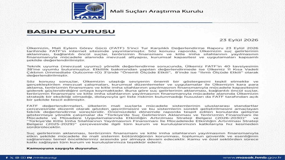 MASAK: "&Uuml;lkemiz FATF&rsquo;in 40 tavsiyesinin 38&rsquo;ine uyumlu bulunmuştur"
