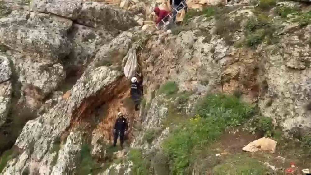 U&ccedil;urumdan d&uuml;şen k&ouml;pek 4 saatlik &ccedil;alışmayla kurtarıldı
