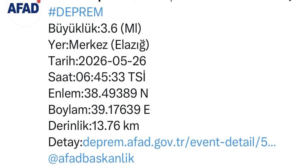 Elazığ&rsquo;da 3.6 b&uuml;y&uuml;kl&uuml;ğ&uuml;nde deprem
