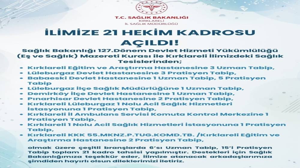Kırklareli&rsquo;ne 21 hekim kadrosu tahsis edildi
