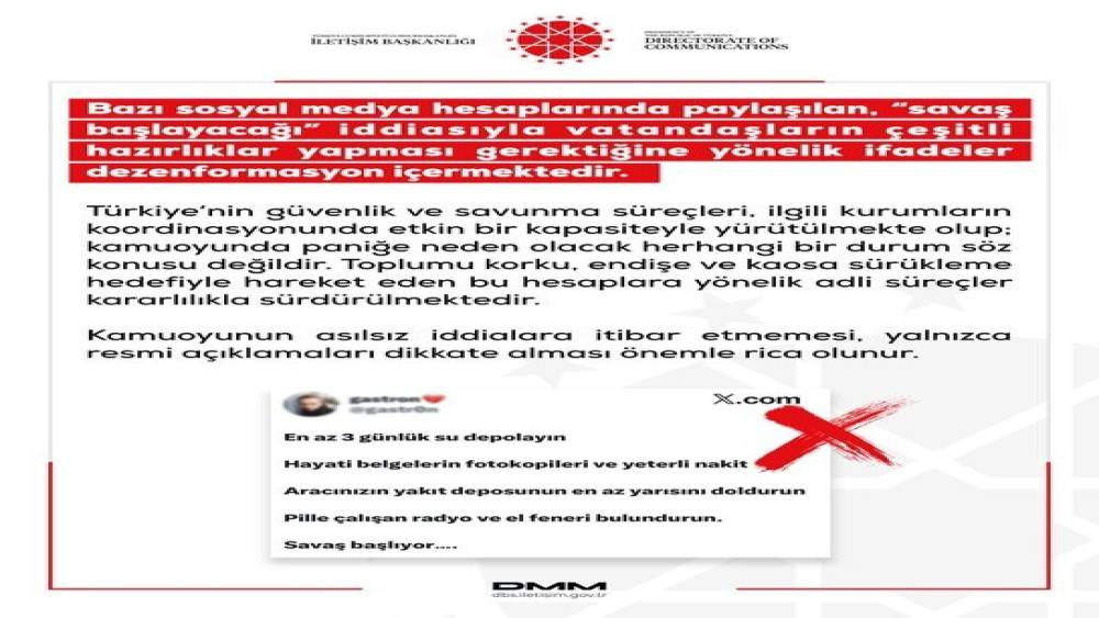 DMM: "Savaş başlayacağı iddiasıyla vatandaşların hazırlıklar yapması gerektiğine y&ouml;nelik ifadeler dezenformasyon i&ccedil;ermektedir"
