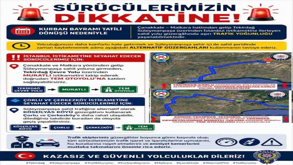Tekirdağ Emniyet M&uuml;d&uuml;rl&uuml;ğ&uuml;&rsquo;nden bayram d&ouml;n&uuml;ş&uuml; trafik uyarısı
